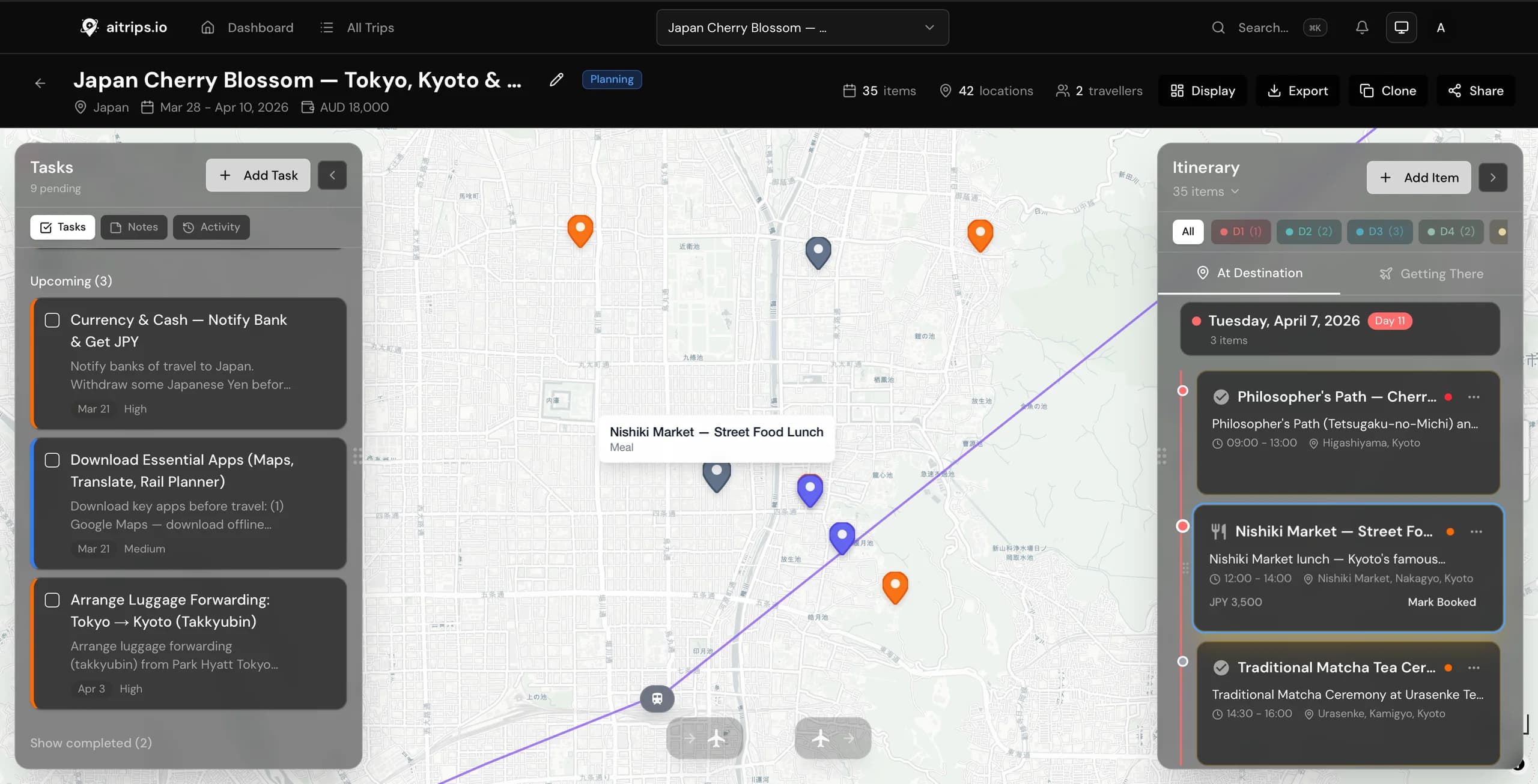 aitrips.io trip planning interface showing map, itinerary, and tasks