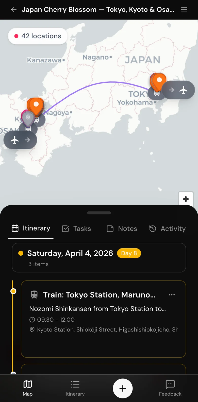 aitrips.io mobile trip view with map and itinerary